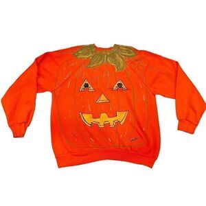 Vtg 90’s Handmade Sweatshirt Halloween Pumpkin Jack O’lantern X-Large XL Fall